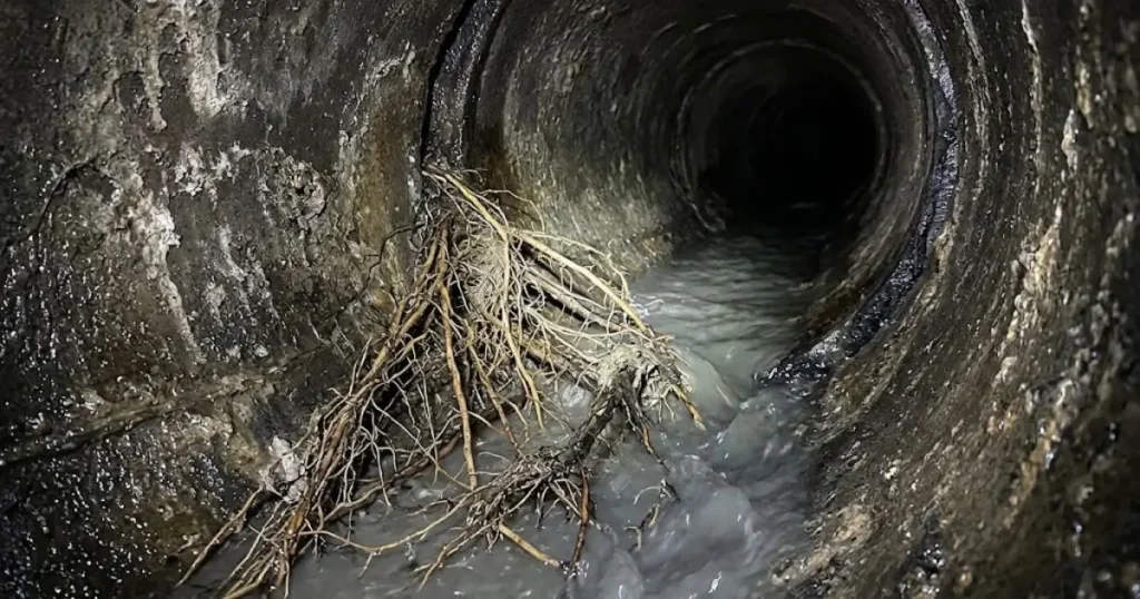 Sewer camera view showing tree roots growing inside a damaged sewer pipe