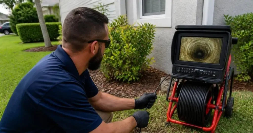 Plumber using a sewer camera to inspect tree root intrusion inside a drain pipe