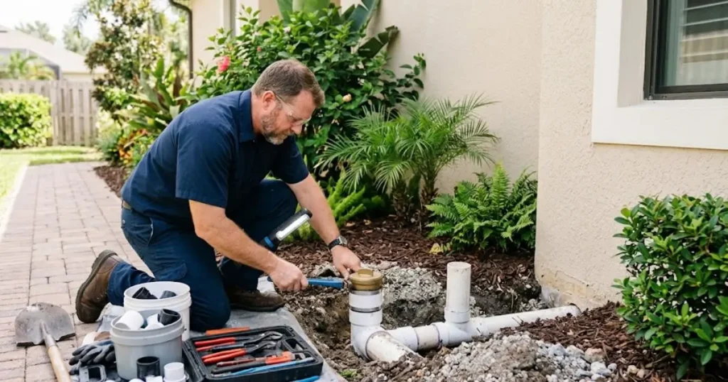 repairing an outdoor sewer line cleanout near a home