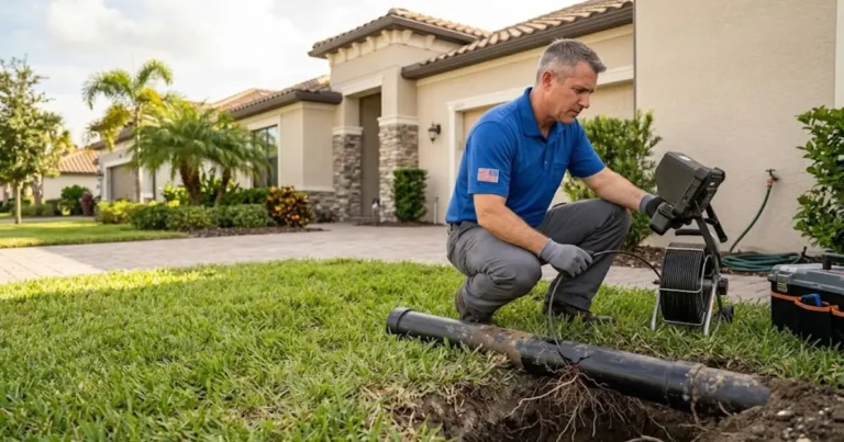 Sewer Line Repair Plumber inspecting an underground sewer at a Florida home