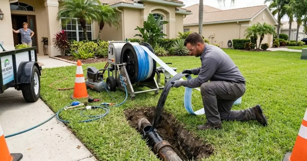 Plumber installing a trenchless liner to repair a residential sewer pipe